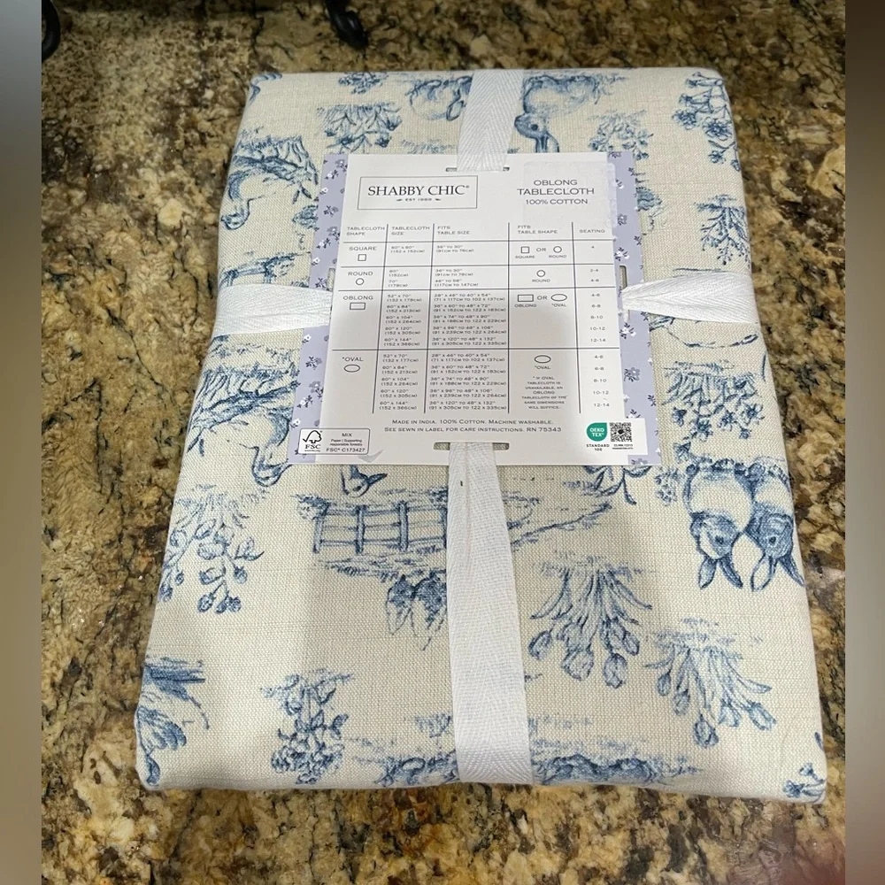 Shabby Chic Blue and Cream Rabbit Toile Oblong tablecloth 60”x102” New!